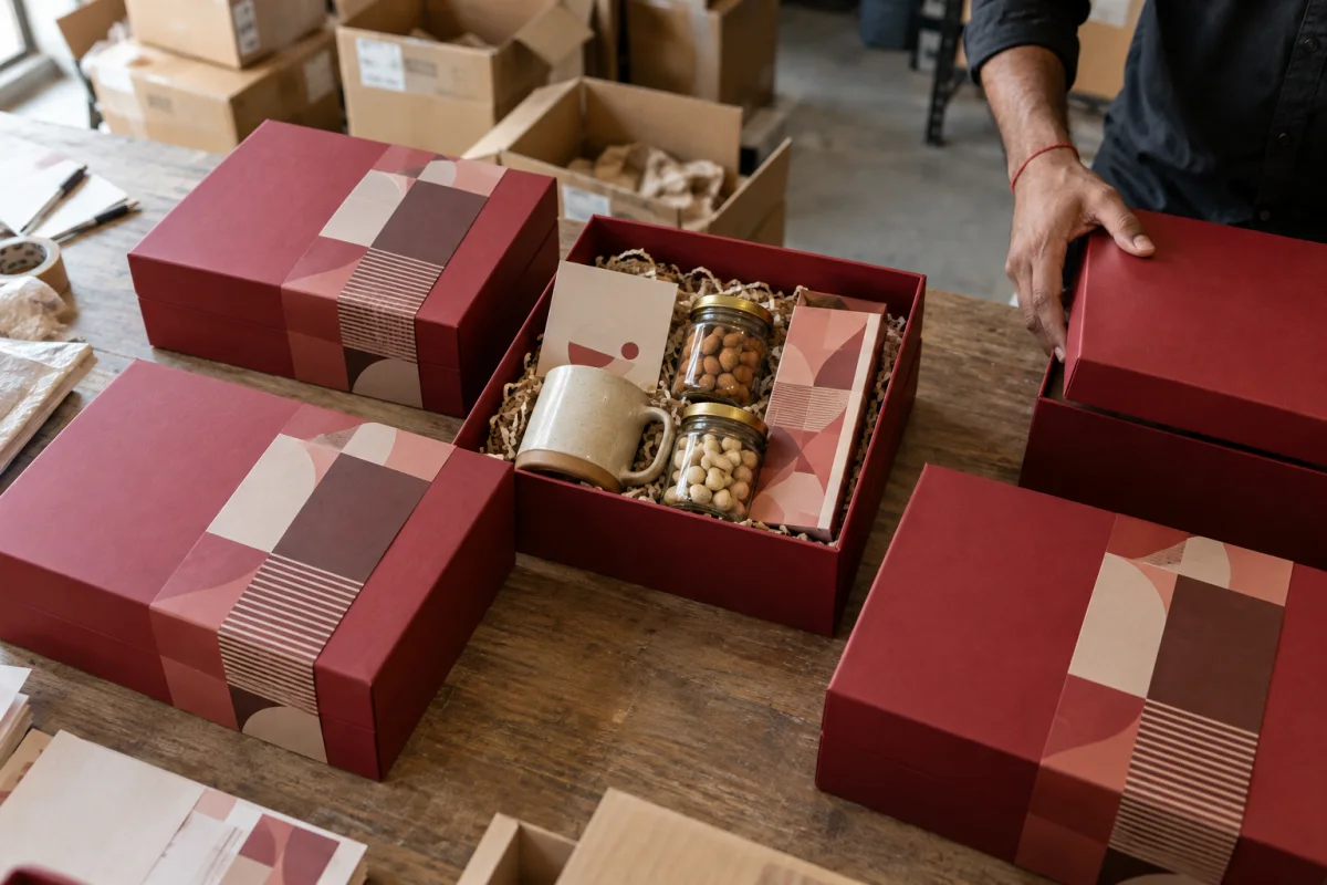 Illustrative corporate festive gift boxes being packed for dispatch.