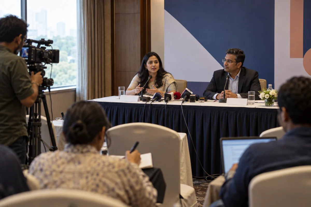 Illustrative business press briefing with spokespeople, journalists and a camera crew.