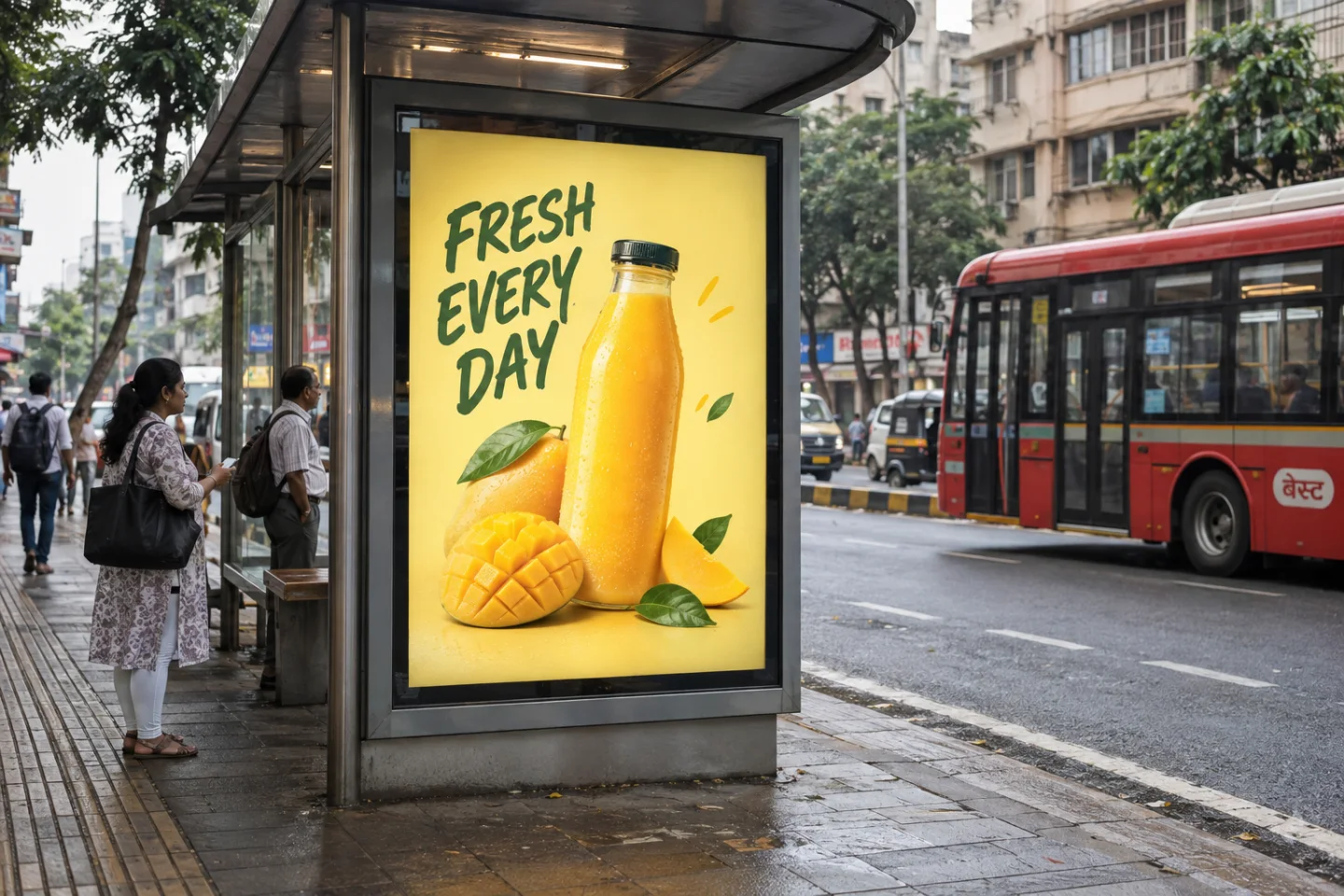 Outdoor drink advertisement installed at a bus shelter on an Indian street.