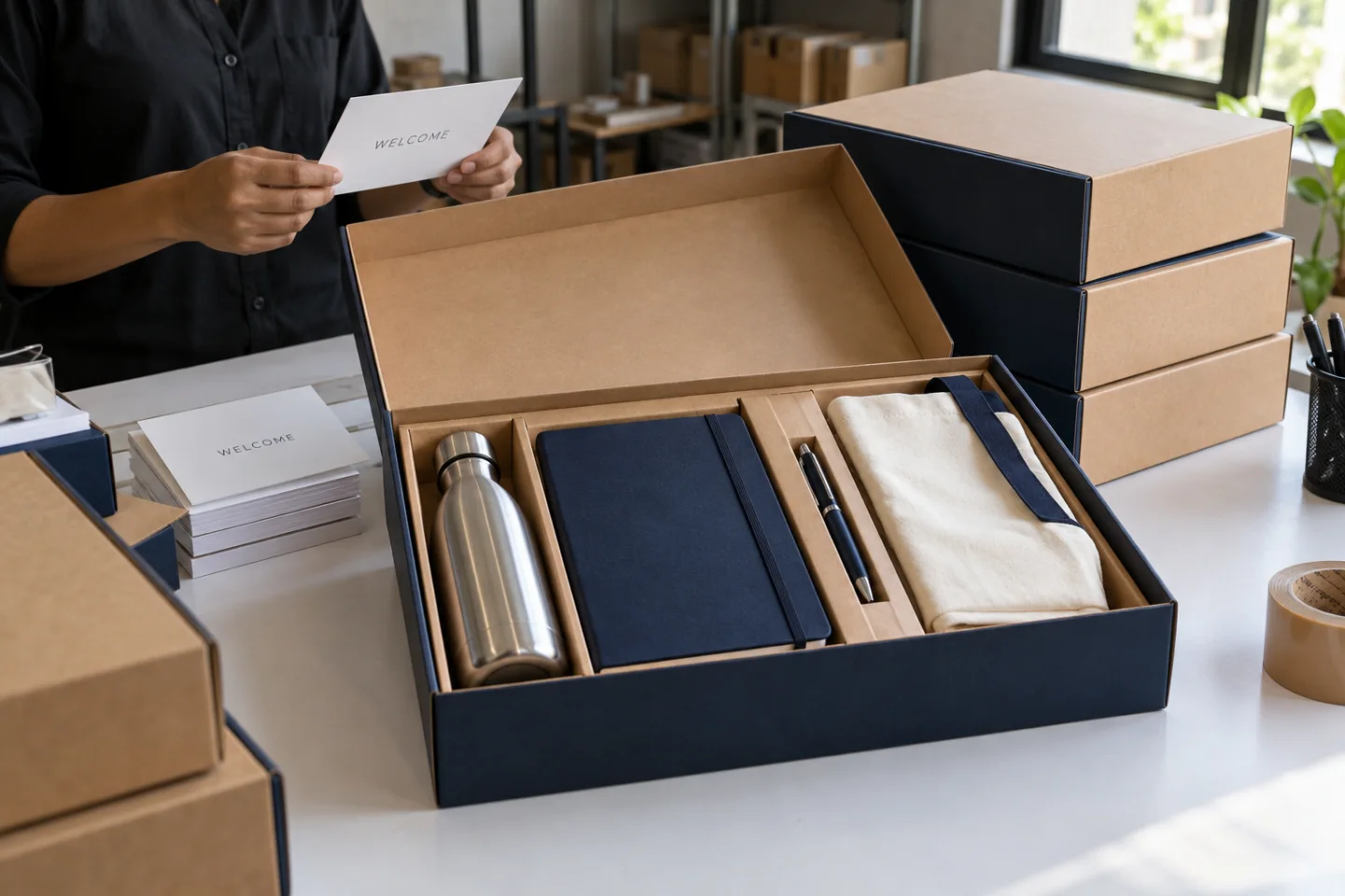 Corporate welcome kit with a bottle, notebook, pen and cotton tote.
