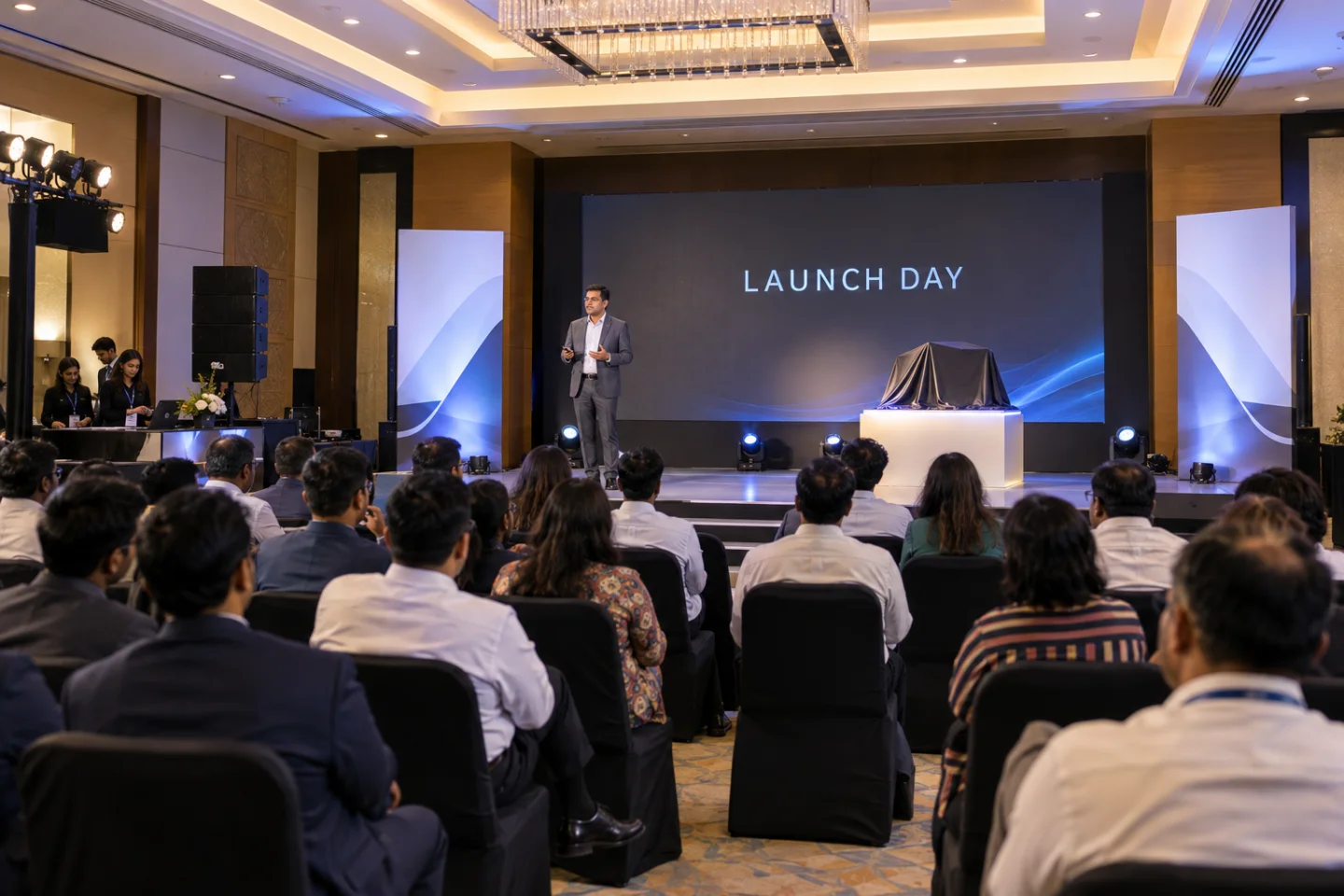 Corporate launch with a presenter, stage and seated business audience.