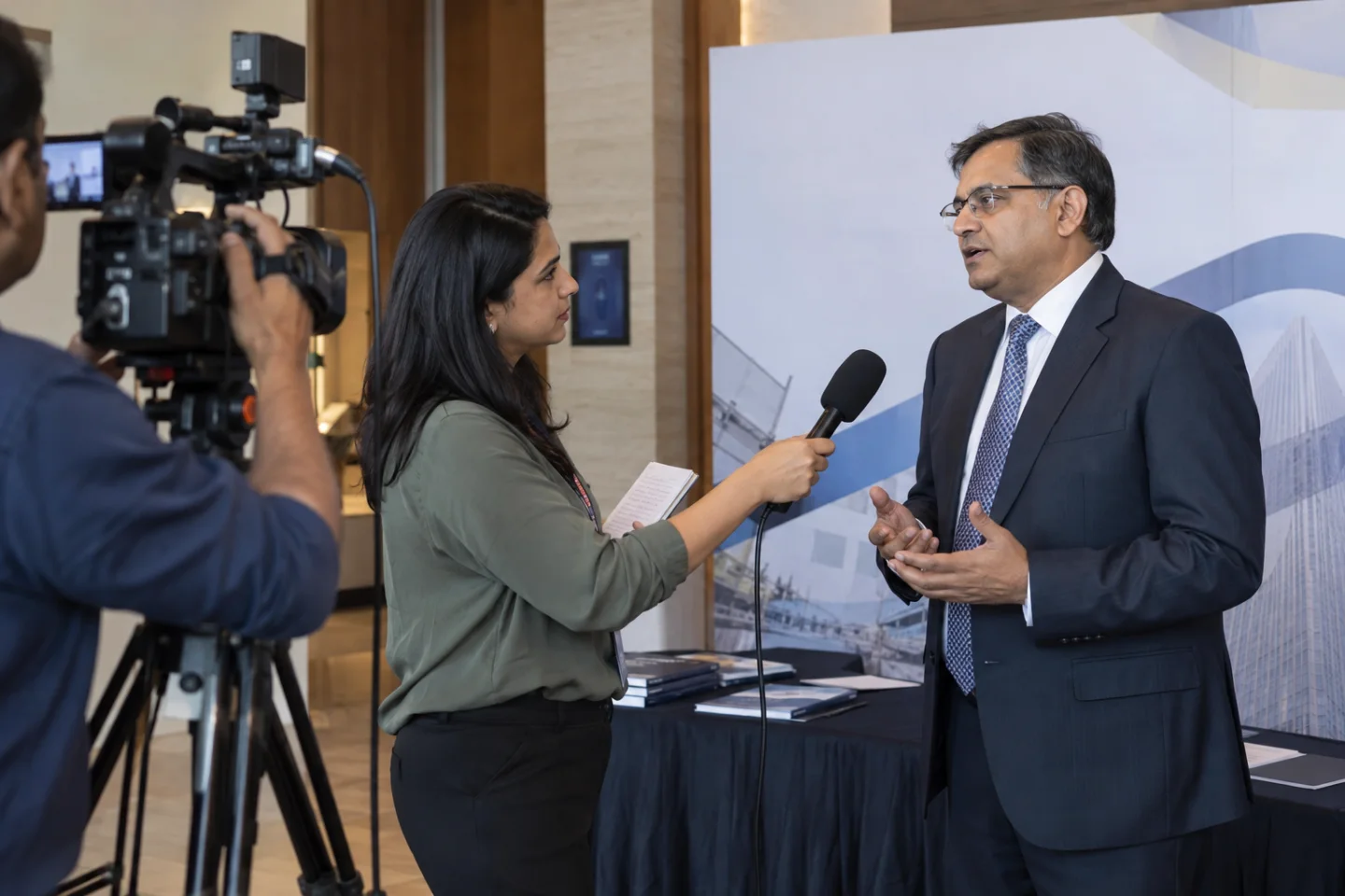 Journalist interviewing a business spokesperson with a camera crew nearby.